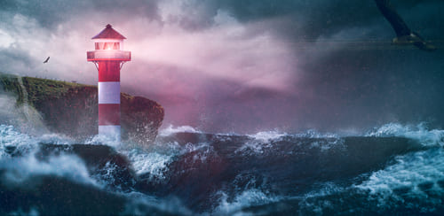 Lighthouse sea waves rain storm symbolizing SERP volatility.
